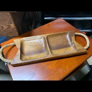 Vintage Two Bowl Carved Wooden Tray with Rope Handles